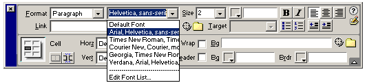 Property inspector: font pop-up menu