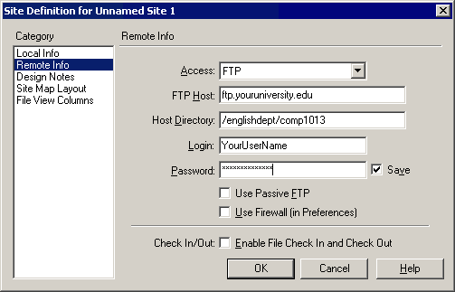 Site Definition: Remote Info pane